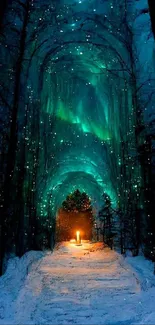 Enchanted forest pathway under teal aurora glow with candlelight ambiance.