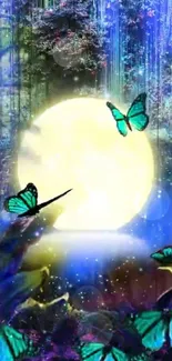 Magical forest with butterflies under a full glowing moon.