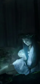 A fairy in an enchanted dark forest, holding a glowing orb.