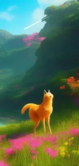 Whimsical fox in colorful forest landscape with lush greenery and flowers.