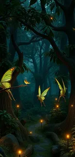 A mystical forest scene with glowing butterflies and magical light.