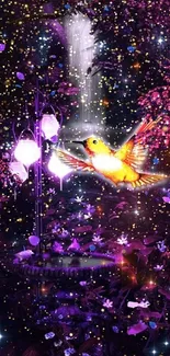 Vibrant hummingbird in purple forest with a glowing waterfall.