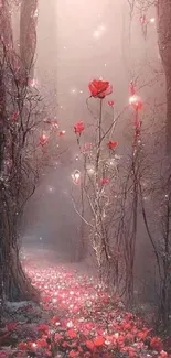 Enchanted forest path with glowing red roses.