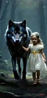 A girl walks with a wolf in a mysterious forest at twilight.