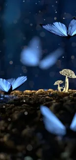 Enchanted night scene with glowing mushrooms and fluttering blue butterflies