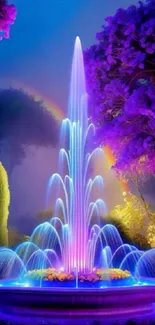 Vibrant fountain in a purple-lit mystical garden, creating a dreamlike scene.