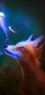 A mystical fox gazes at a glowing jellyfish in a magical forest setting.