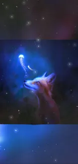 A fox gazes at a glowing jellyfish in a mystical blue environment.