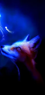 Fox gazing at glowing jellyfish in vibrant blue wallpaper.