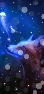 Fox gazing at glowing jellyfish in magical blue night scene wallpaper.