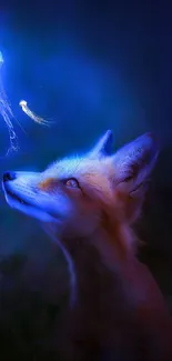 Fox enchanted by glowing jellyfish in a dark blue night scene.