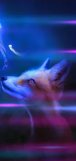 Fox mesmerized by glowing jellyfish in a mystical blue night.