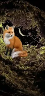 Enchanted forest wallpaper with a fox and crescent moon.