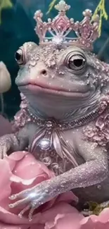 A frog wearing a crown surrounded by pink flowers in a fantasy setting.