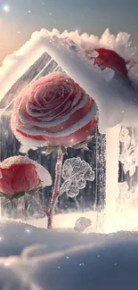 Frosted rose encased in an ice sculpture with winter backdrop.