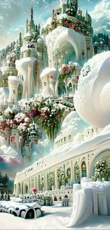 Futuristic fantasy cityscape in snow.