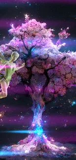 Enchanted tree with galaxy and fairy, glowing in purple hues.