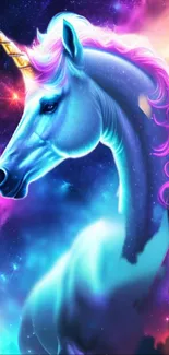 Vibrant unicorn in a galactic, purple-themed artwork.