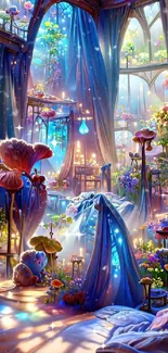 An enchanted garden bedroom with vibrant flowers and magical light.