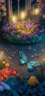 Enchanted garden with glowing butterflies and vibrant flowers in a mystical setting.