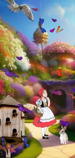 Whimsical garden with butterflies and a girl.