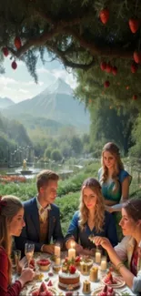 Friends enjoy a candlelit garden party with mountainous backdrop.