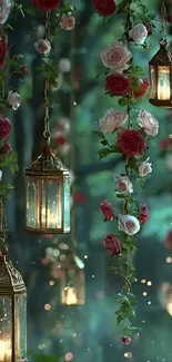 Lanterns and roses create an enchanting garden scene.
