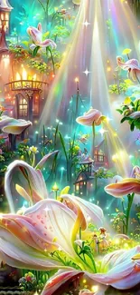 Enchanted garden with flowers and magical lights.