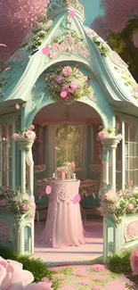 Charming gazebo in a fantasy garden with pink roses and lush greenery.