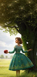 Woman in a green dress holding apple under a tree in a scenic meadow.