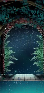 Enchanted garden night scene with archway and stars.