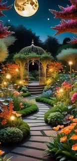 Enchanted garden with flowers under a bright moonlit sky, glowing lights, and a path.