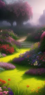 Enchanted garden path with colorful flowers and a distant castle.