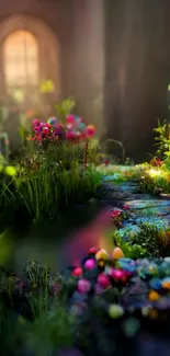 Enchanted garden pathway with vibrant flowers and lush greenery.