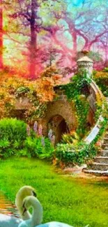 Enchanted garden with swans and vibrant foliage in a magical setting.