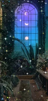 Enchanted garden with colorful windows and shimmering stars.