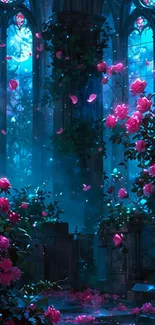 Enchanted garden with glowing roses.