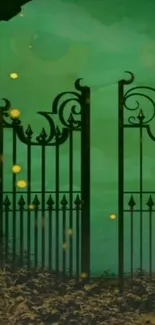 Enchanted green gate with mystical night sky background.