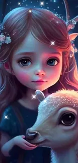 Enchanted girl with deer in starry night scene, fantasy art wallpaper.