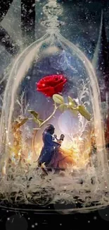 Enchanted scene with a red rose under a glass dome, featuring a couple dancing.