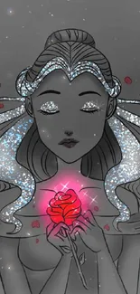 Fantasy art of a woman with glittery hair holding a glowing red rose.