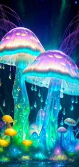 Magical glowing mushrooms in a vibrant forest scene.