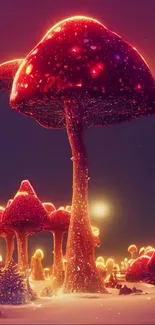 Mobile wallpaper of glowing red mushrooms in a fantasy forest.