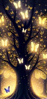 Enchanted tree with glowing butterflies in magical forest wallpaper.