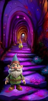 Gnomes on a purple forest path with vibrant, enchanted surroundings.