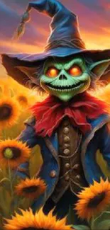 Goblin with glowing eyes amidst sunflowers at sunset.