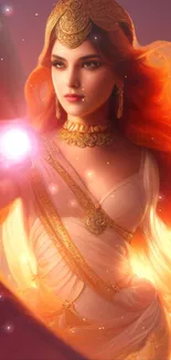 Ethereal goddess in fantasy art with glowing red hair and gold accents on mobile wallpaper.