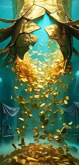 Fantasy wallpaper with golden coins and mystical underwater setting.