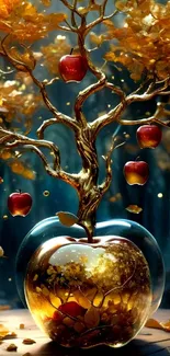 Golden apple tree with vibrant red apples in a fantasy forest setting.