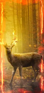 Majestic deer with glowing antlers in a golden enchanted forest.